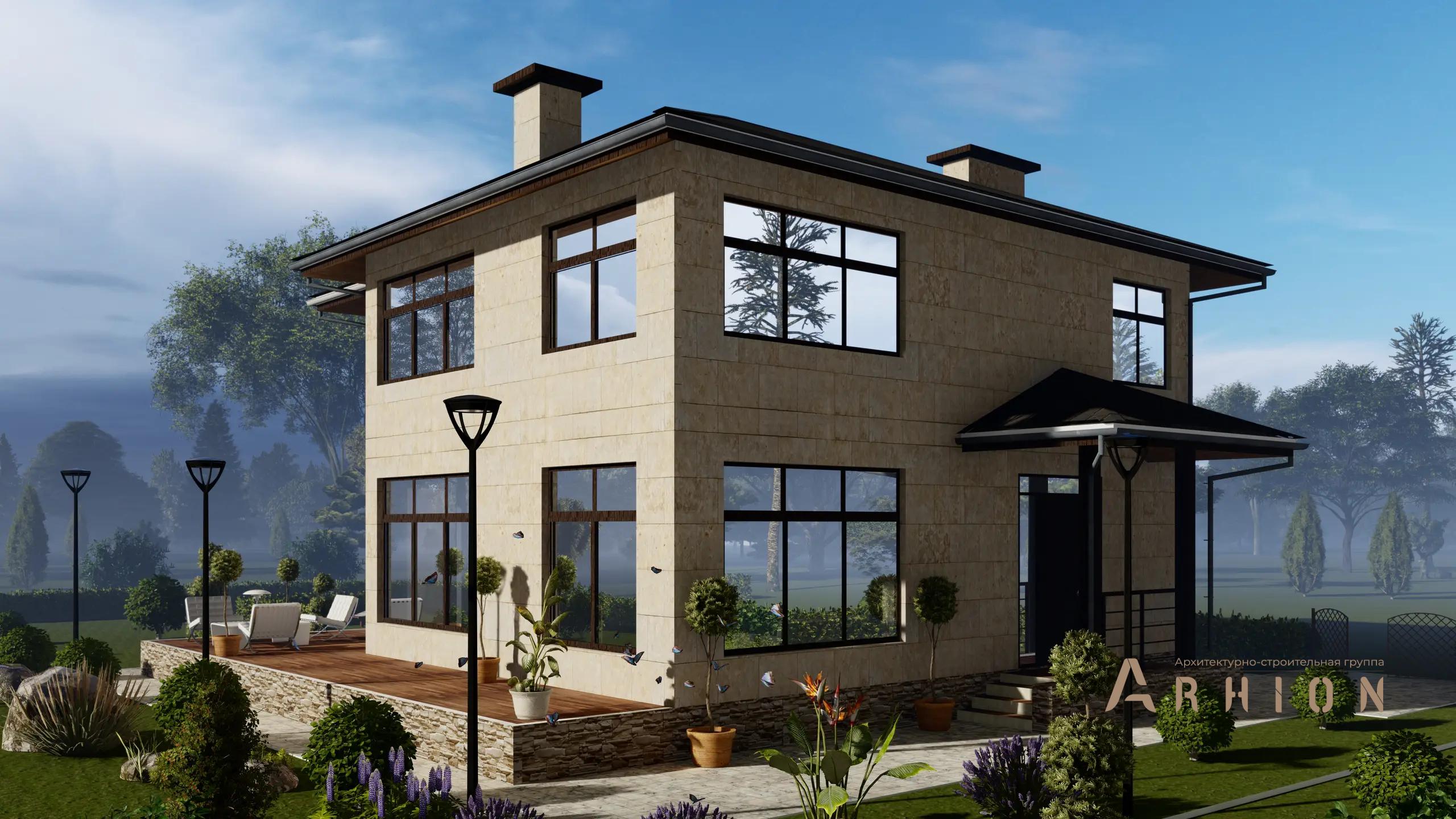 1. Проект двухэтажного дома в современном стиле с четырехскатной, H-1303, площадью - 171 кв c терассой